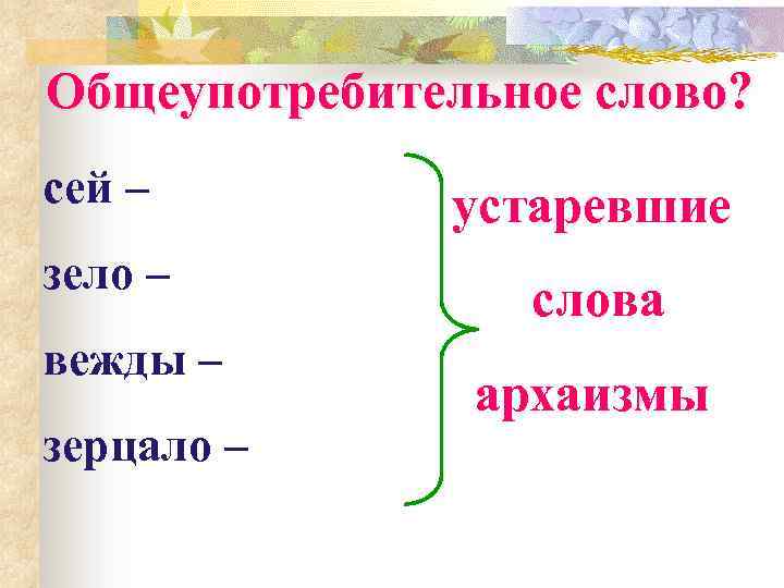 Общеупотребительное слово? сей – этот зело – очень вежды – веки зерцало – зеркало