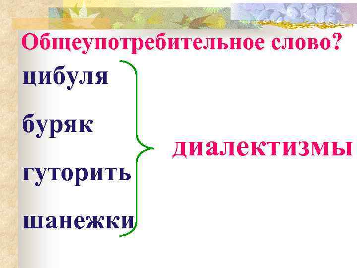 Общеупотребительное слово? цибуля буряк гуторить шанежки диалектизмы 