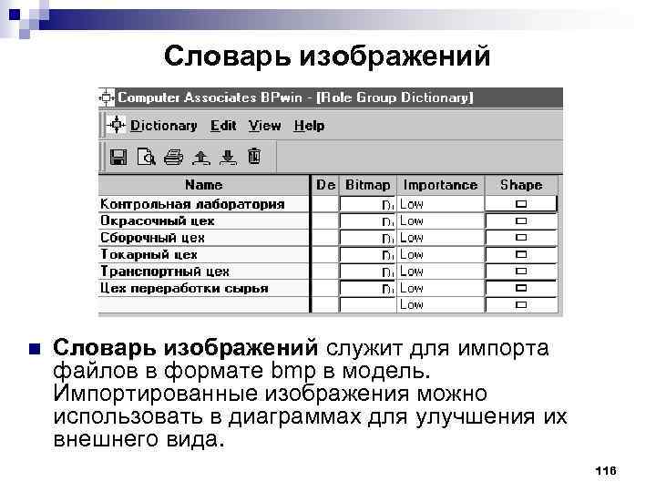 Словарь изображений n Словарь изображений служит для импорта файлов в формате bmp в модель.