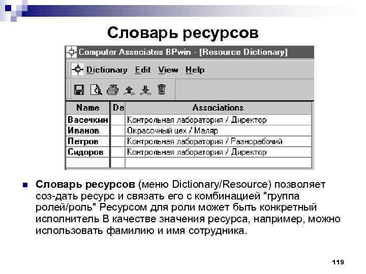 Словарь ресурсов n Словарь ресурсов (меню Dictionary/Resource) позволяет соз дать ресурс и связать его