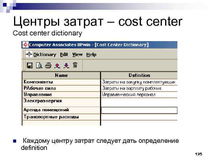 Центры затрат – cost center Cost center dictionary n Каждому центру затрат следует дать