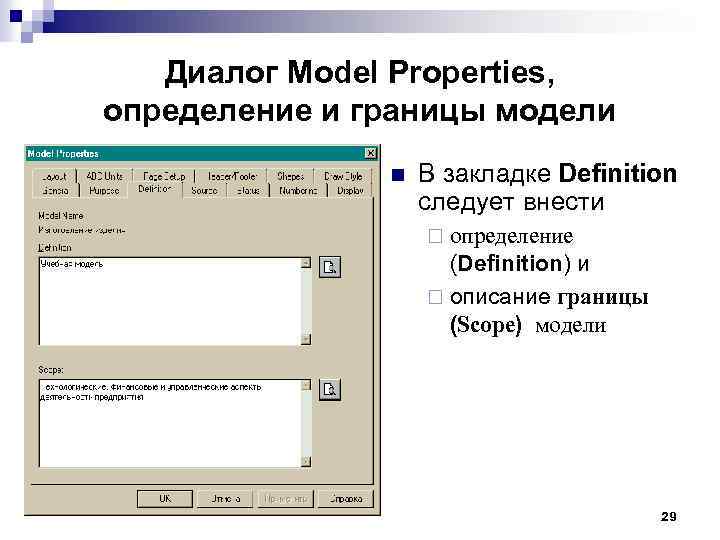 Диалог Model Properties, определение и границы модели n В закладке Definition следует внести ¨