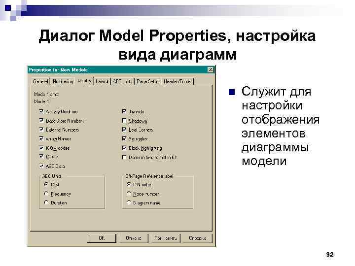 Диалог Model Properties, настройка вида диаграмм n Служит для настройки отображения элементов диаграммы модели