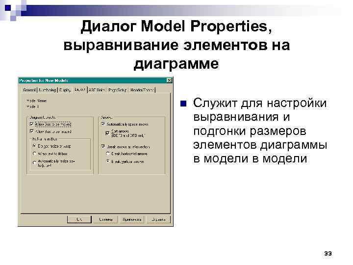 Диалог Model Properties, выравнивание элементов на диаграмме n Служит для настройки выравнивания и подгонки