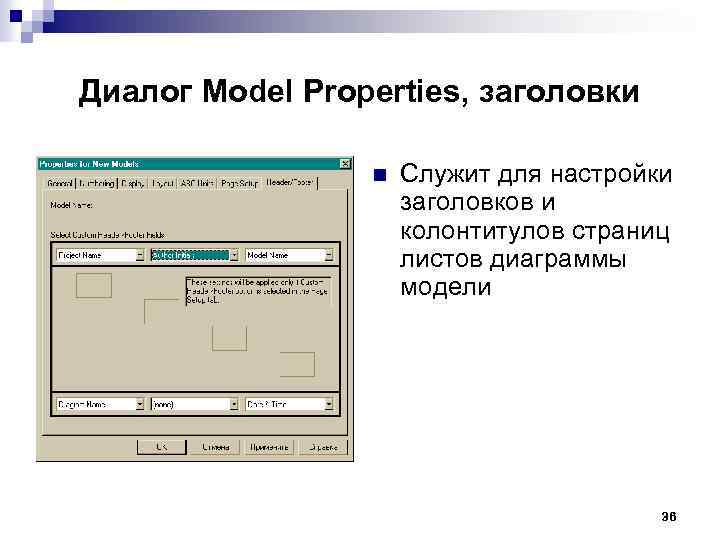 Диалог Model Properties, заголовки n Служит для настройки заголовков и колонтитулов страниц листов диаграммы