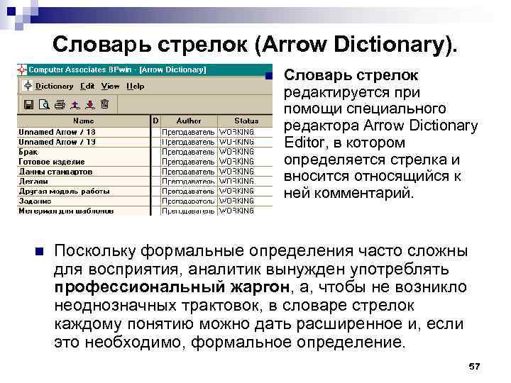 Словарь стрелок (Arrow Dictionary). n n Словарь стрелок редактируется при помощи специального редактора Arrow