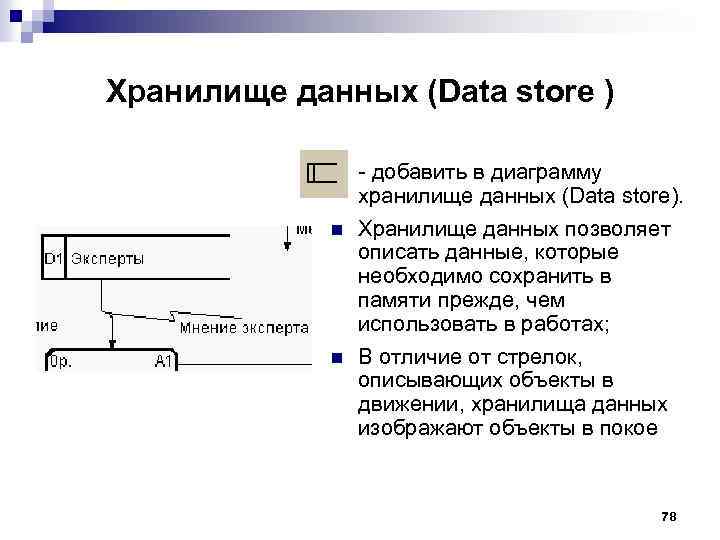 Хранилище данных (Data store ) n n n добавить в диаграмму хранилище данных (Data