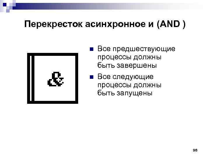 Перекресток асинхронное и (AND ) n n Все предшествующие процессы должны быть завершены Все