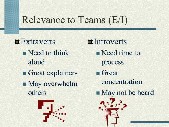 Relevance to Teams (E/I) Extraverts n Need to think aloud n Great explainers n