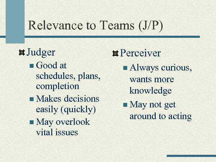 Relevance to Teams (J/P) Judger Perceiver n Good n Always at schedules, plans, completion