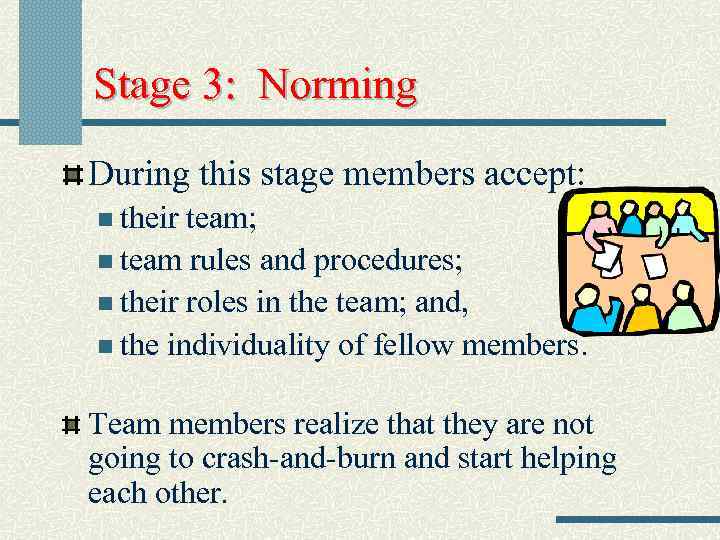 Stage 3: Norming During this stage members accept: n their team; n team rules