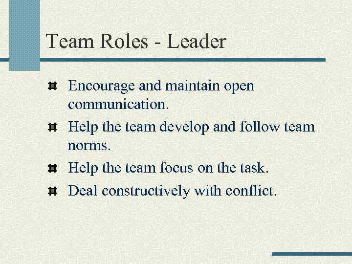 Team Roles - Leader Encourage and maintain open communication. Help the team develop and