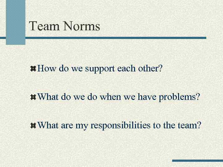 Team Norms How do we support each other? What do we do when we