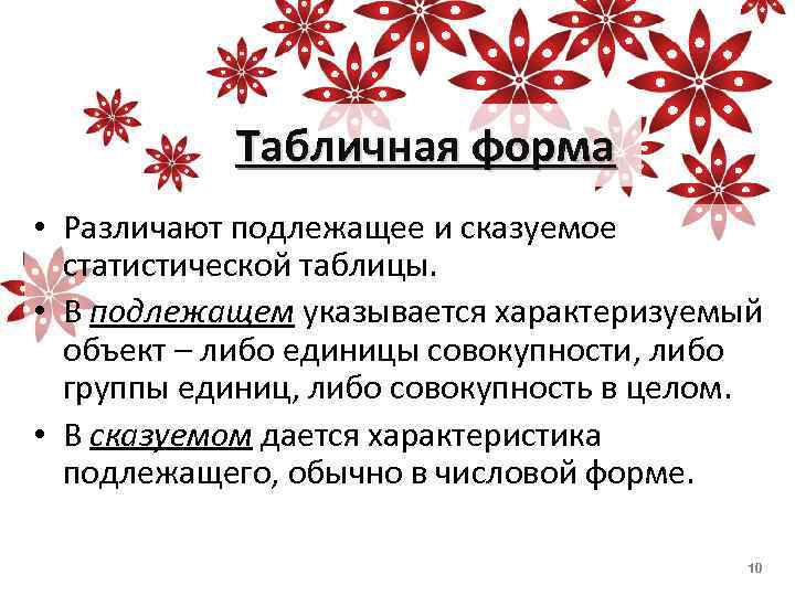 Табличная форма • Различают подлежащее и сказуемое статистической таблицы. • В подлежащем указывается характеризуемый
