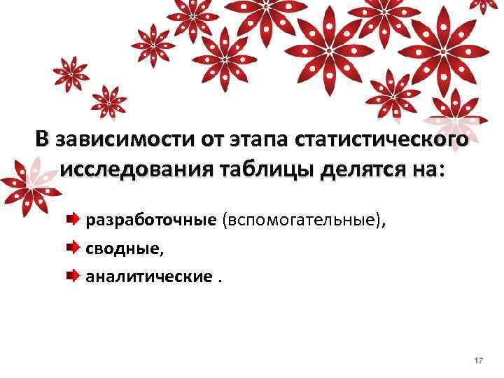 В зависимости от этапа статистического исследования таблицы делятся на: разработочные (вспомогательные), сводные, аналитические. 17