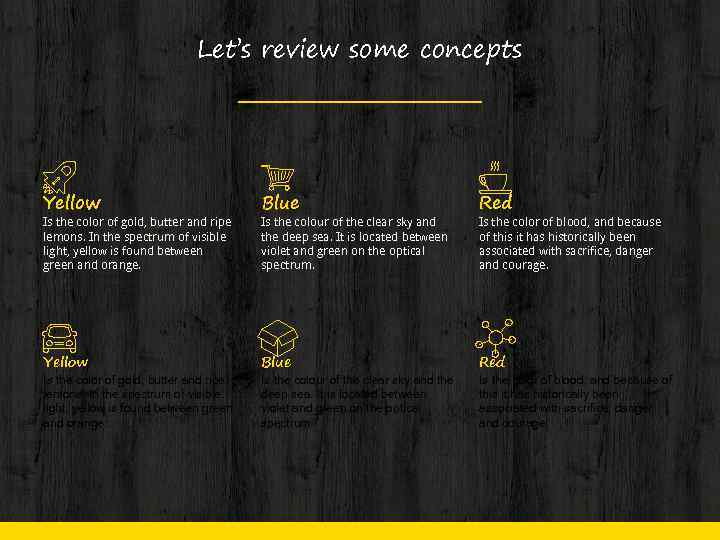 Let’s review some concepts Yellow Blue Red Is the color of gold, butter and