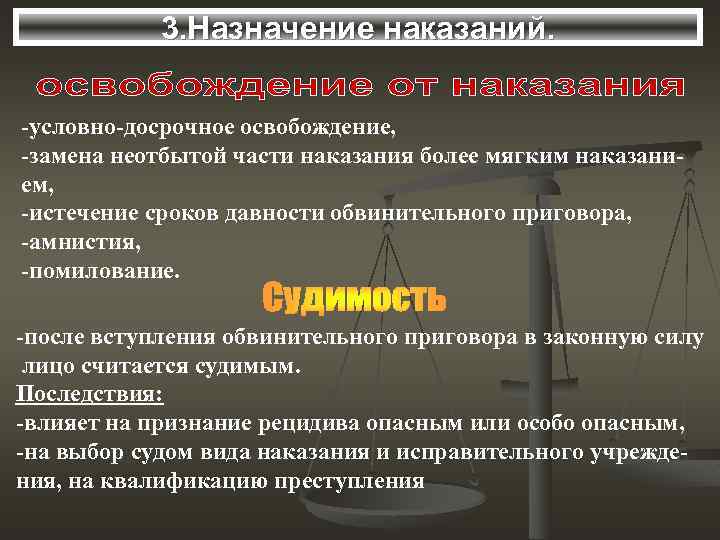 3. Назначение наказаний. -условно-досрочное освобождение, -замена неотбытой части наказания более мягким наказанием, -истечение сроков