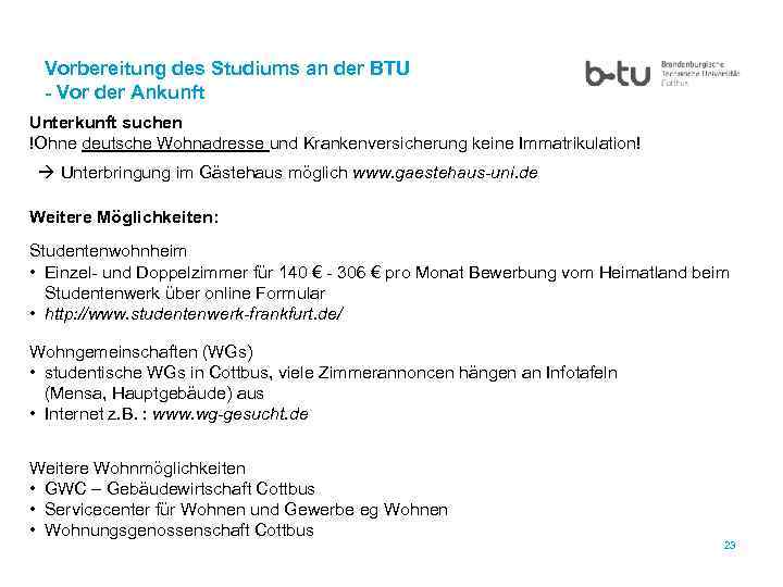 Vorbereitung des Studiums an der BTU - Vor der Ankunft Unterkunft suchen !Ohne deutsche