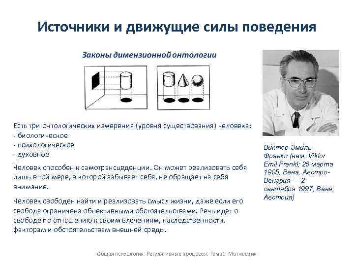 Источники и движущие силы поведения Есть три онтологических измерения (уровня существования) человека: биологическое психологическое