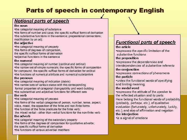 Parts of speech in contemporary English Notional parts of speech the noun • the