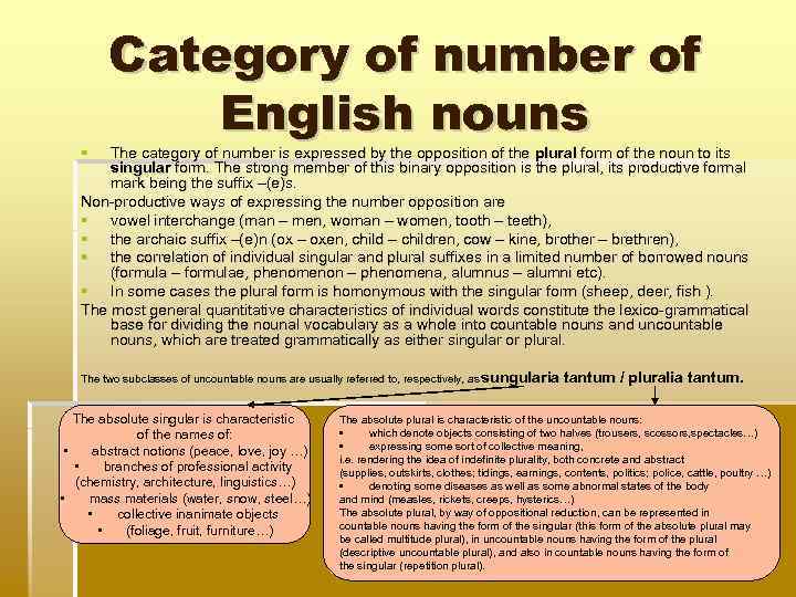  Category of number of English nouns The category of number is expressed by