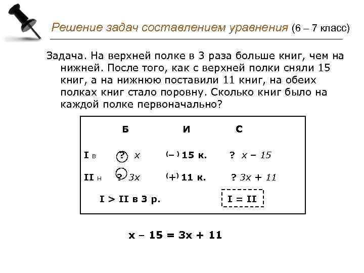 Решение задач составлением уравнения (6 – 7 класс) Задача. На верхней полке в 3