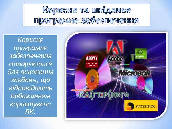 Корисне та шкідливе програмне забезпечення Корисне програмне забезпечення створюється для виконання завдань, що відповідають