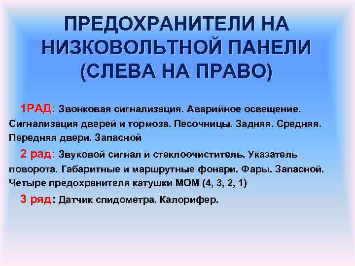 ПРЕДОХРАНИТЕЛИ НА НИЗКОВОЛЬТНОЙ ПАНЕЛИ (СЛЕВА НА ПРАВО) 1 РАД: Звонковая сигнализация. Аварийное освещение. Сигнализация