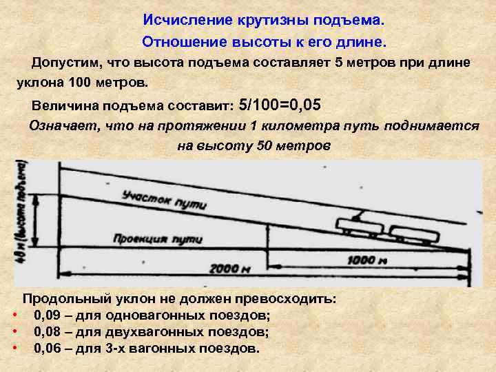  Исчисление крутизны подъема. Отношение высоты к его длине. Допустим, что высота подъема составляет