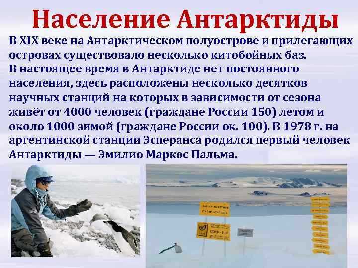 Население Антарктиды В XIX веке на Антарктическом полуострове и прилегающих островах существовало несколько китобойных