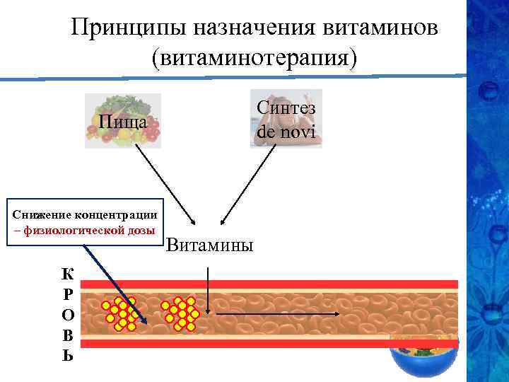 Принципы назначения витаминов (витаминотерапия) Синтез de novi Пища Снижение концентрации – физиологической дозы К