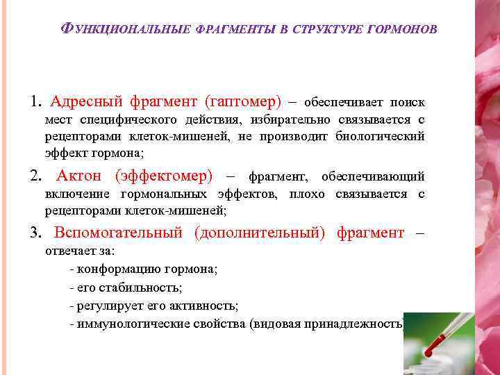 ФУНКЦИОНАЛЬНЫЕ ФРАГМЕНТЫ В СТРУКТУРЕ ГОРМОНОВ 1. Адресный фрагмент (гаптомер) – обеспечивает поиск мест специфического