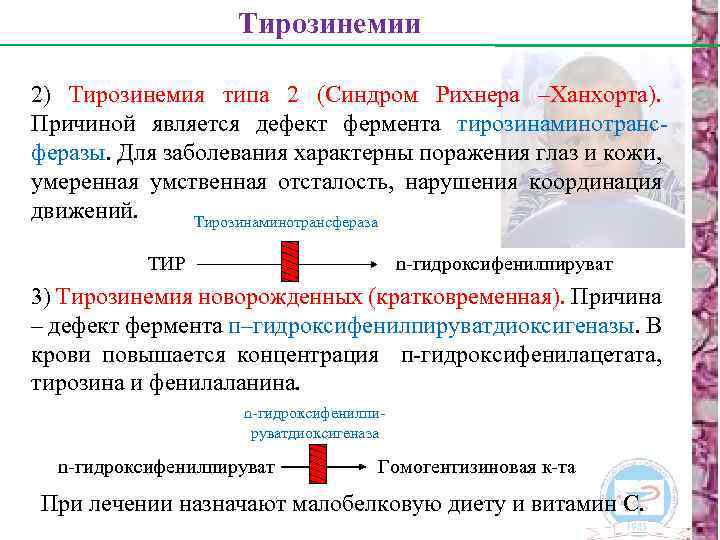 Тирозинемии 2) Тирозинемия типа 2 (Синдром Рихнера –Ханхорта). Причиной является дефект фермента тирозинаминотрансферазы. Для
