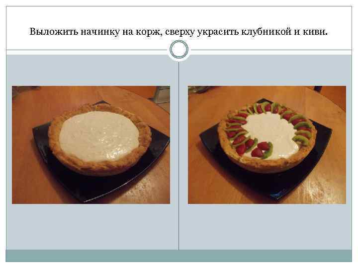 Выложить начинку на корж, сверху украсить клубникой и киви. 