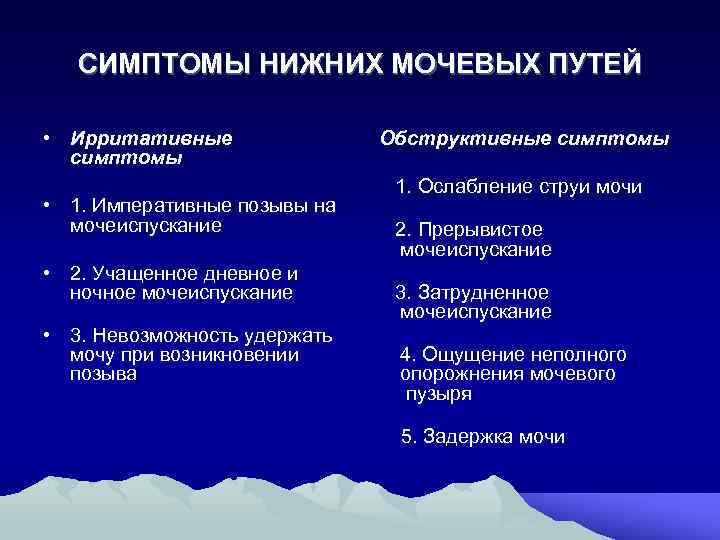 СИМПТОМЫ НИЖНИХ МОЧЕВЫХ ПУТЕЙ • Ирритативные симптомы • 1. Императивные позывы на мочеиспускание •