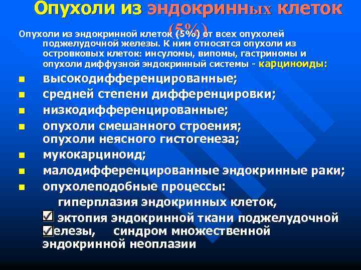 Опухоли из эндокринных клеток (5%) Опухоли из эндокринной клеток (5%) от всех опухолей поджелудочной