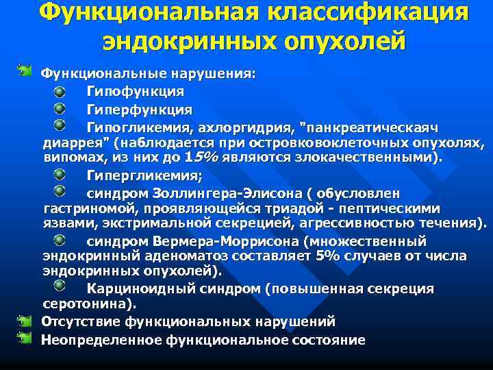 Функциональная классификация эндокринных опухолей Функциональные нарушения: Гипофункция Гиперфункция Гипогликемия, ахлоргидрия, 
