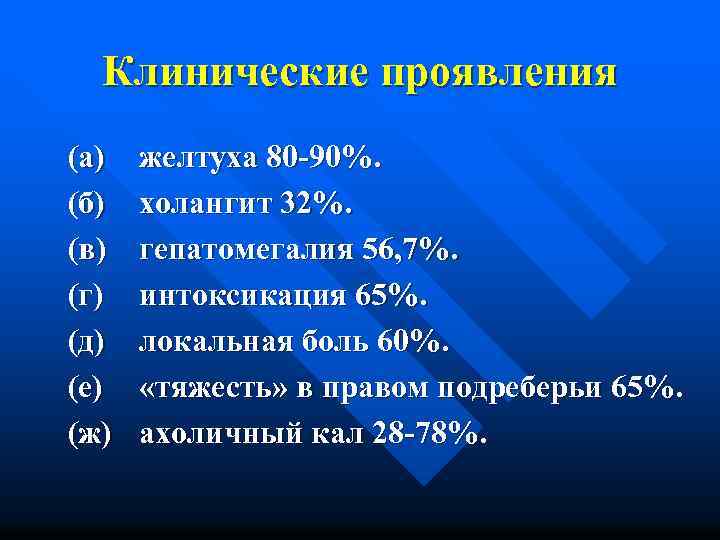 Клинические проявления (а) (б) (в) (г) (д) (е) (ж) желтуха 80 -90%. холангит 32%.