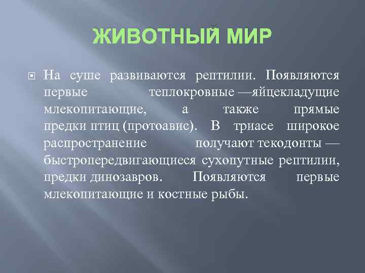 ЖИВОТНЫЙ МИР На суше развиваются рептилии. Появляются первые теплокровные —яйцекладущие млекопитающие, а также прямые