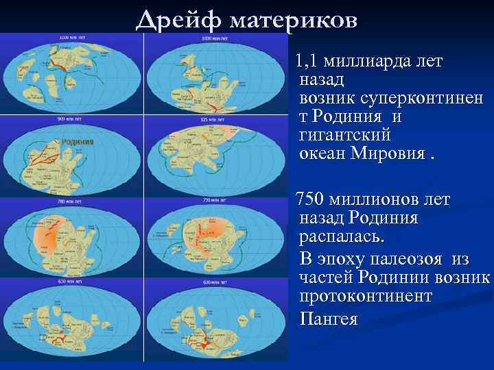 Дрейф материков 1, 1 миллиарда лет назад возник суперконтинен т Родиния и гигантский океан