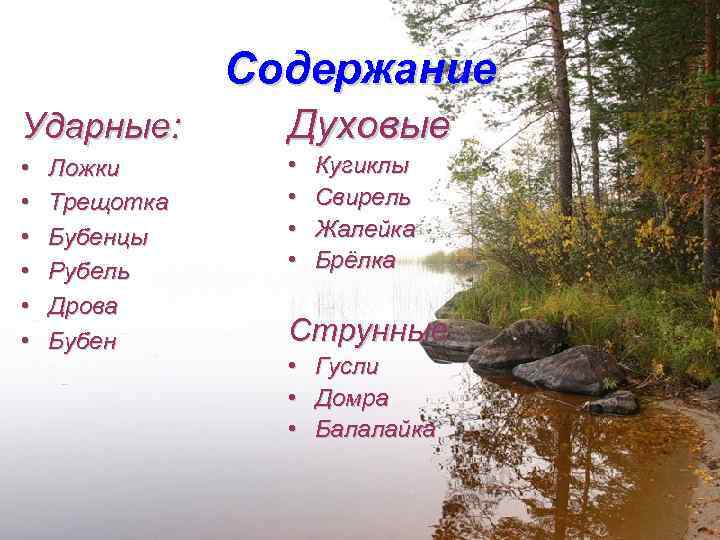 Содержание Ударные: Духовые • • • Ложки Трещотка Бубенцы Рубель Дрова Бубен Кугиклы Свирель