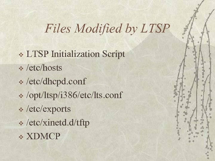 Files Modified by LTSP Initialization Script v /etc/hosts v /etc/dhcpd. conf v /opt/ltsp/i 386/etc/lts.