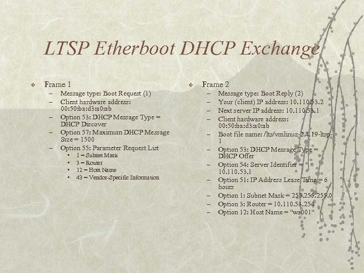 LTSP Etherboot DHCP Exchange v Frame 1 – – – v Message type: Boot