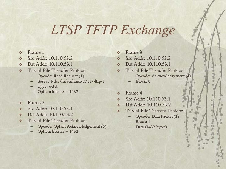 LTSP TFTP Exchange v v Frame 1 Src Addr: 10. 110. 53. 2 Dst
