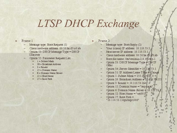 LTSP DHCP Exchange v Frame 1 – – v Message type: Boot Request (1)