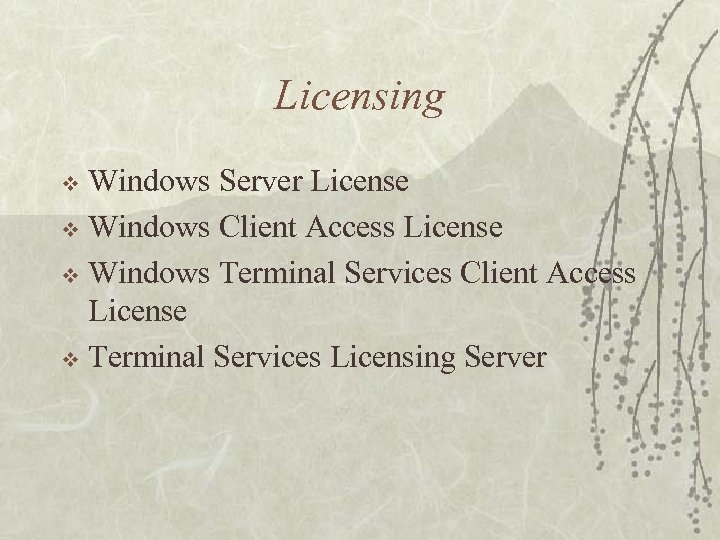 Licensing Windows Server License v Windows Client Access License v Windows Terminal Services Client