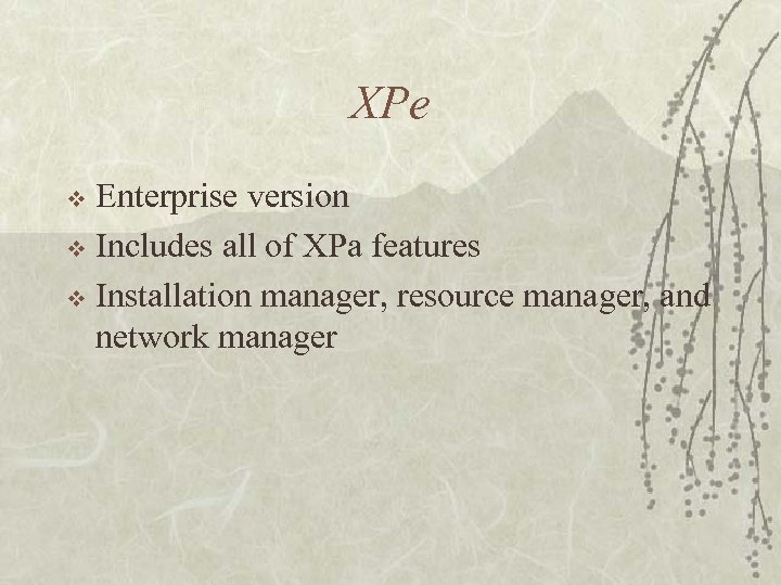XPe Enterprise version v Includes all of XPa features v Installation manager, resource manager,