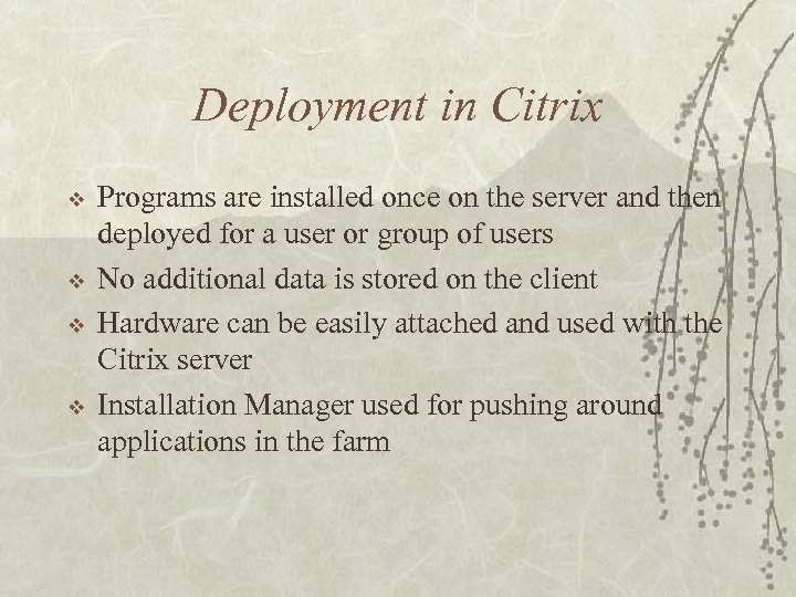 Deployment in Citrix v v Programs are installed once on the server and then