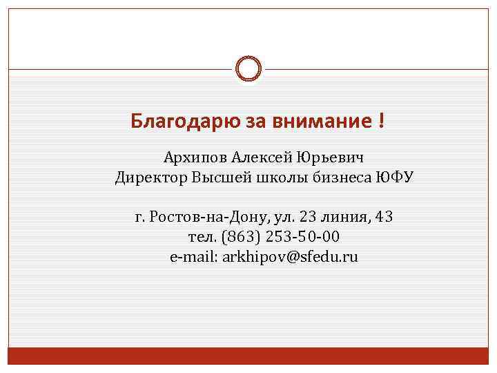 Благодарю за внимание ! Архипов Алексей Юрьевич Директор Высшей школы бизнеса ЮФУ г. Ростов-на-Дону,