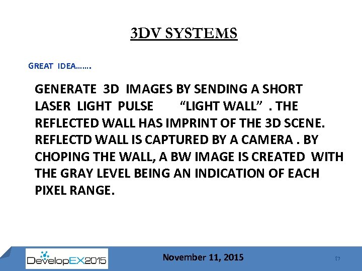 3 DV SYSTEMS GREAT IDEA……. GENERATE 3 D IMAGES BY SENDING A SHORT LASER